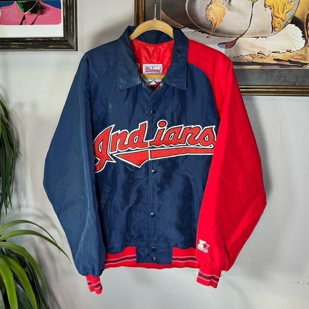 VTG CLEVELAND INDIANS Men's L STARTER JACKET Diamond Collection Snap Button MLB